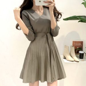 Korean Chic V-Neck Belted Midi Knitted Sweater Dress