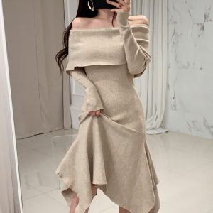 Korean Chic French Style One-Shoulder Slim Knit Sweater Dress for Women