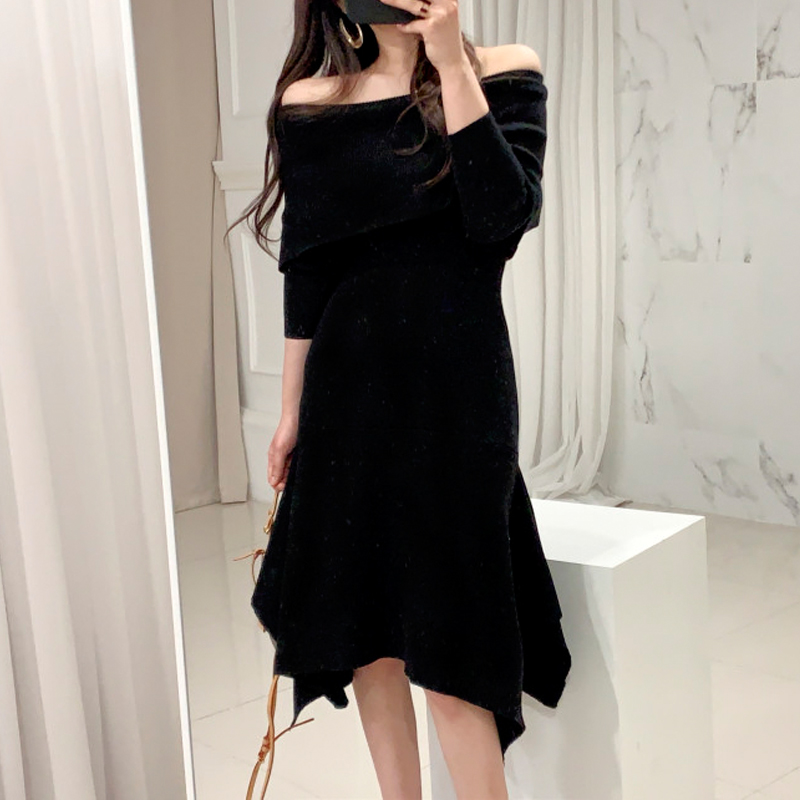 Korean Chic French Style One-Shoulder Slim Knit Sweater Dress for Women - Image 4