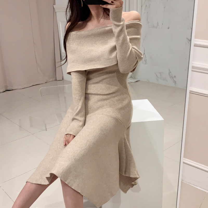Korean Chic French Style One-Shoulder Slim Knit Sweater Dress for Women - Image 3