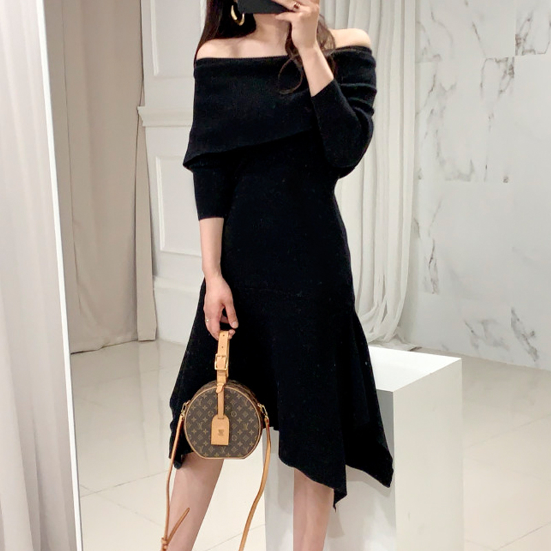 Korean Chic French Style One-Shoulder Slim Knit Sweater Dress for Women - Image 2