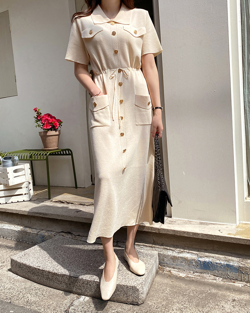 Korean Chic French Style V-Neck Button-Front Waist-Cinched Knit Dress - Image 3