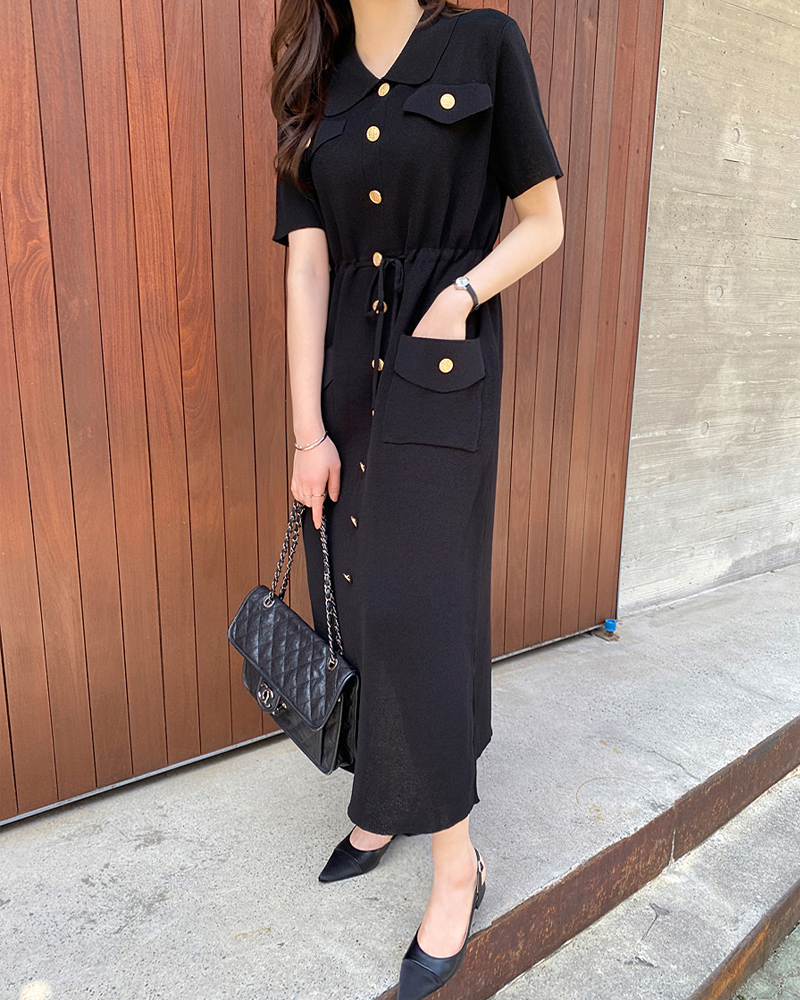 Korean Chic French Style V-Neck Button-Front Waist-Cinched Knit Dress - Image 4