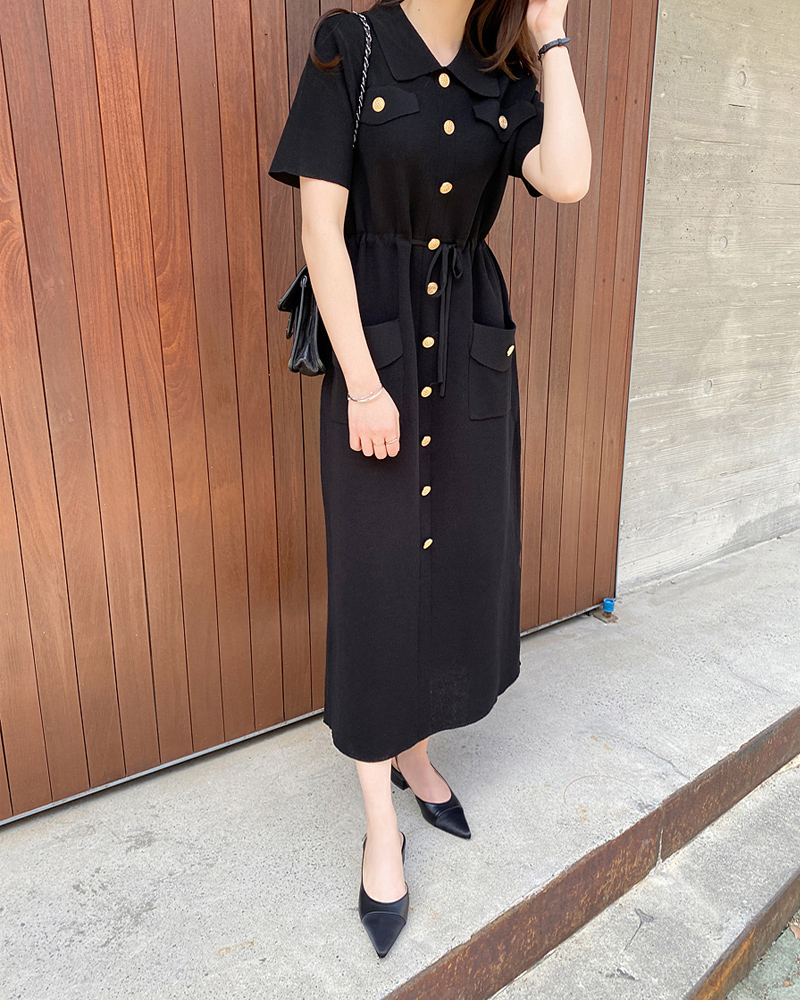 Korean Chic French Style V-Neck Button-Front Waist-Cinched Knit Dress - Image 2