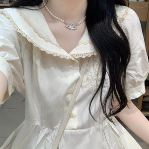 Women's French Style V-Neck Chiffon Dress with Puff Sleeves and Button Front
