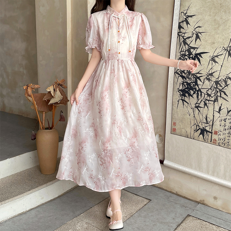 New Chinese Style Floral Dress with Waist and Short Sleeves