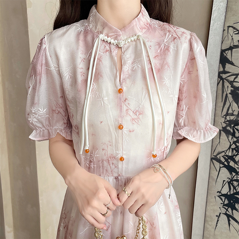 New Chinese Style Floral Dress with Waist and Short Sleeves - Image 3