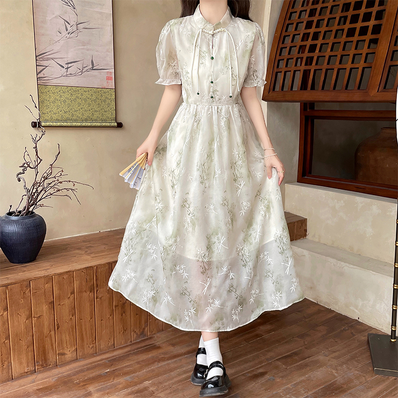 New Chinese Style Floral Dress with Waist and Short Sleeves - Image 4