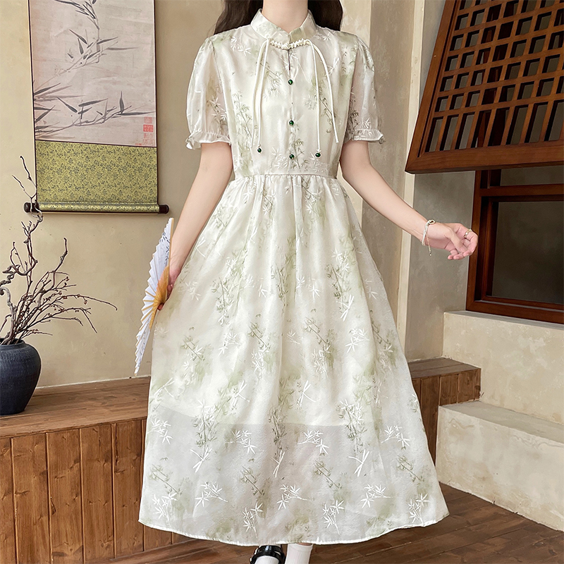 New Chinese Style Floral Dress with Waist and Short Sleeves - Image 2