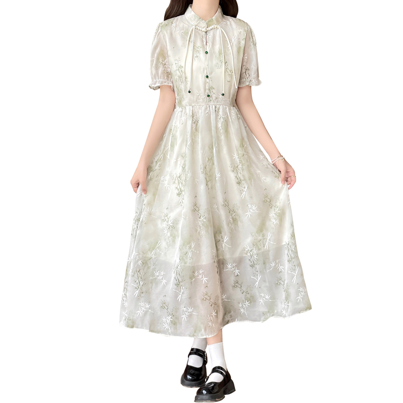New Chinese Style Floral Dress with Waist and Short Sleeves - Image 5
