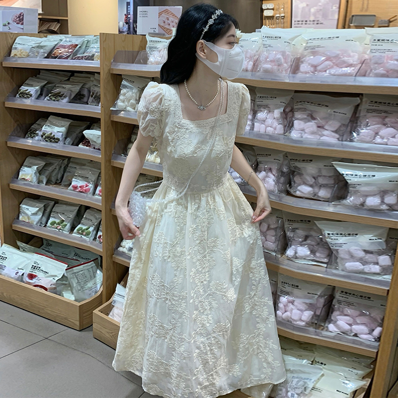 French Square Neck Puff Sleeve Embroidered Jacquard Dress for Women - Image 2