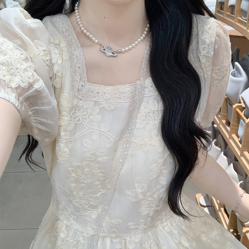 French Square Neck Puff Sleeve Embroidered Jacquard Dress for Women