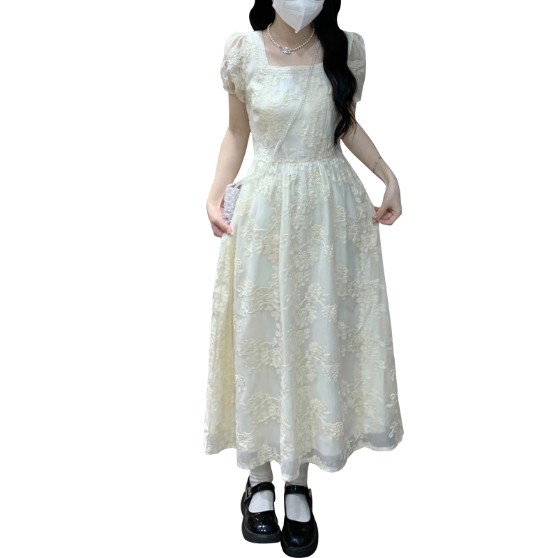 French Square Neck Puff Sleeve Embroidered Jacquard Dress for Women - Image 5