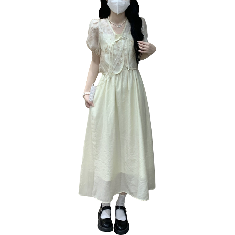 New Chinese Style Ink Print Sun Protection Cardigan and Open Back Dress Set - Image 5