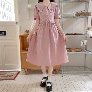 Sweet Doll Collar X-Line Midi Dress with Puff Sleeves
