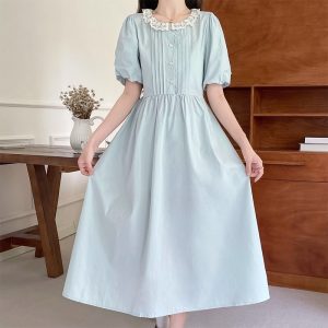 Sweet Lace Trim Puff Sleeve A-Line Long Dress - Style e5b7f3