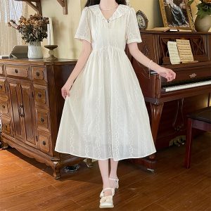 French Lace Doll Collar Embroidered Dress Sweet Midi