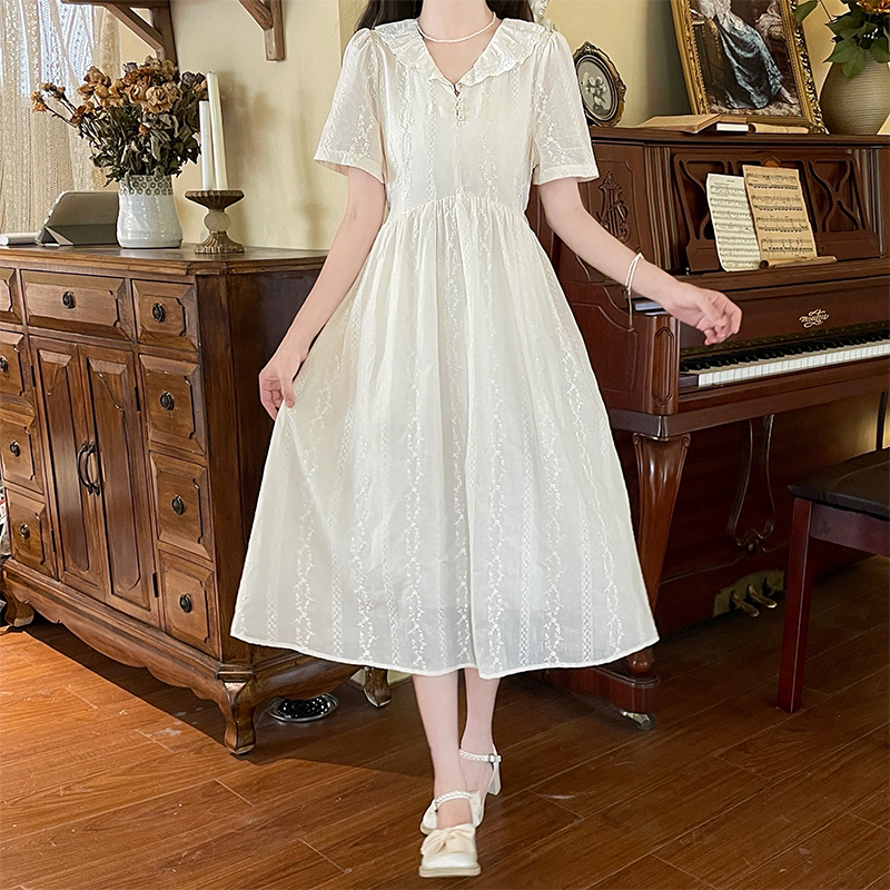 French Lace Doll Collar Embroidered Dress Sweet Midi