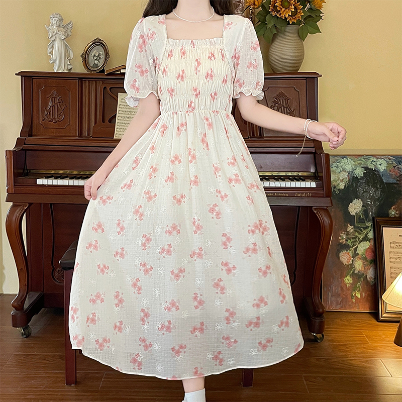 Floral Dress Women's Gentle Style Waist-Cinched Fairy First Love Pretty Milky Long Dress - Image 4