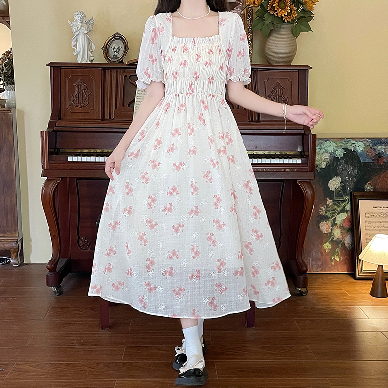 Floral Dress Women's Gentle Style Waist-Cinched Fairy First Love Pretty Milky Long Dress - Image 2