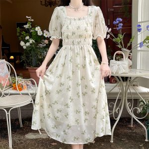Floral Dress Women's Gentle Style Waist-Cinched Fairy First Love Pretty Milky Long Dress