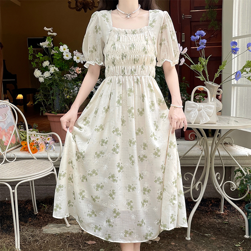 Floral Dress Women's Gentle Style Waist-Cinched Fairy First Love Pretty Milky Long Dress