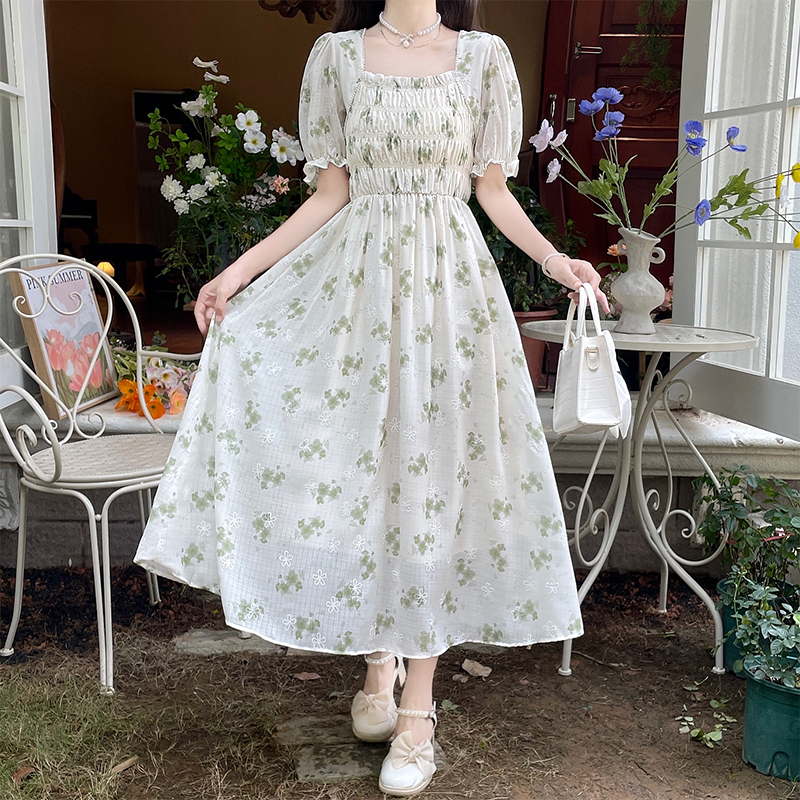 Floral Dress Women's Gentle Style Waist-Cinched Fairy First Love Pretty Milky Long Dress - Image 3
