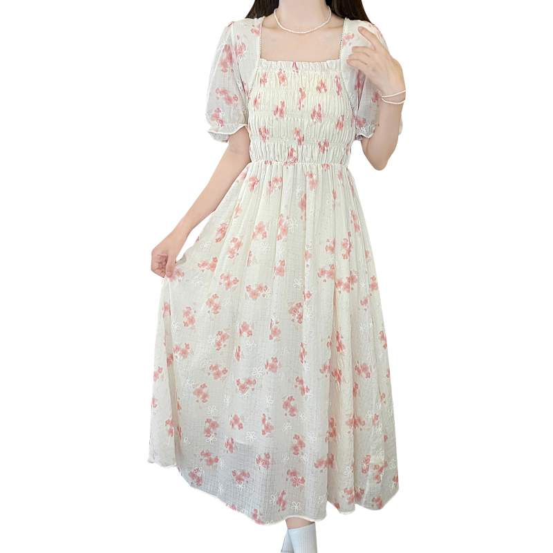 Floral Dress Women's Gentle Style Waist-Cinched Fairy First Love Pretty Milky Long Dress - Image 5