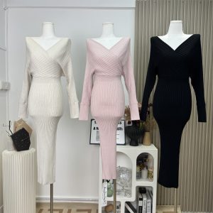 Slimming V-Neck Knit Dress with Waist Design - Commute Style