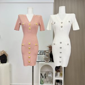 Limited Edition Metal Button Knit Dress with Elegant Slimming Fit