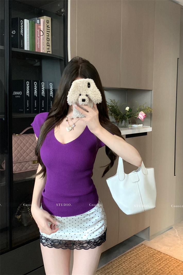 V-Neck Short Sleeve Knit T-Shirt Women Summer Slim Fit Basic Top - Image 5