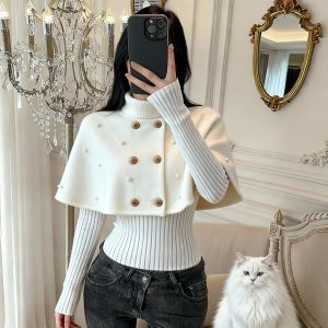 Women's Double-Breasted Cape Knit Sweater Two-Piece Set - Style 718a59