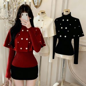 Women's Double-Breasted Cape Knit Sweater Two-Piece Set - Style 4425f5
