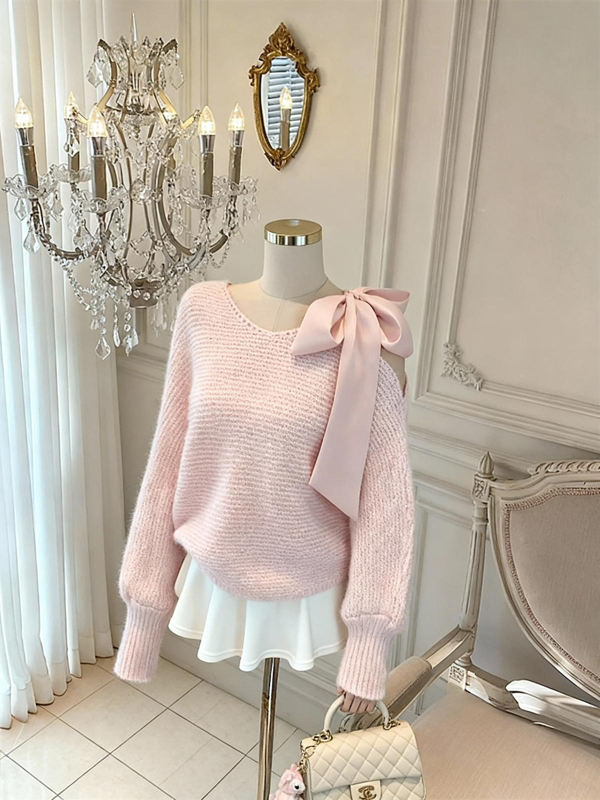 Sweet V-Neck Tie Long Sleeve Knit Sweater for Women - Image 4