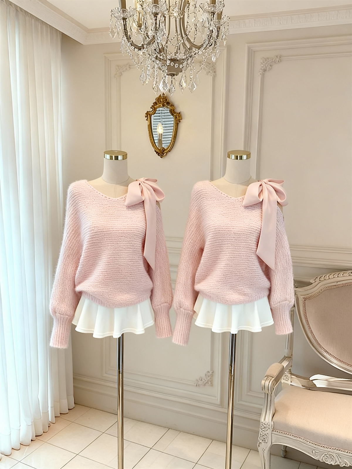 Sweet V-Neck Tie-Front Long-Sleeve Knit Sweater for Women - Image 4