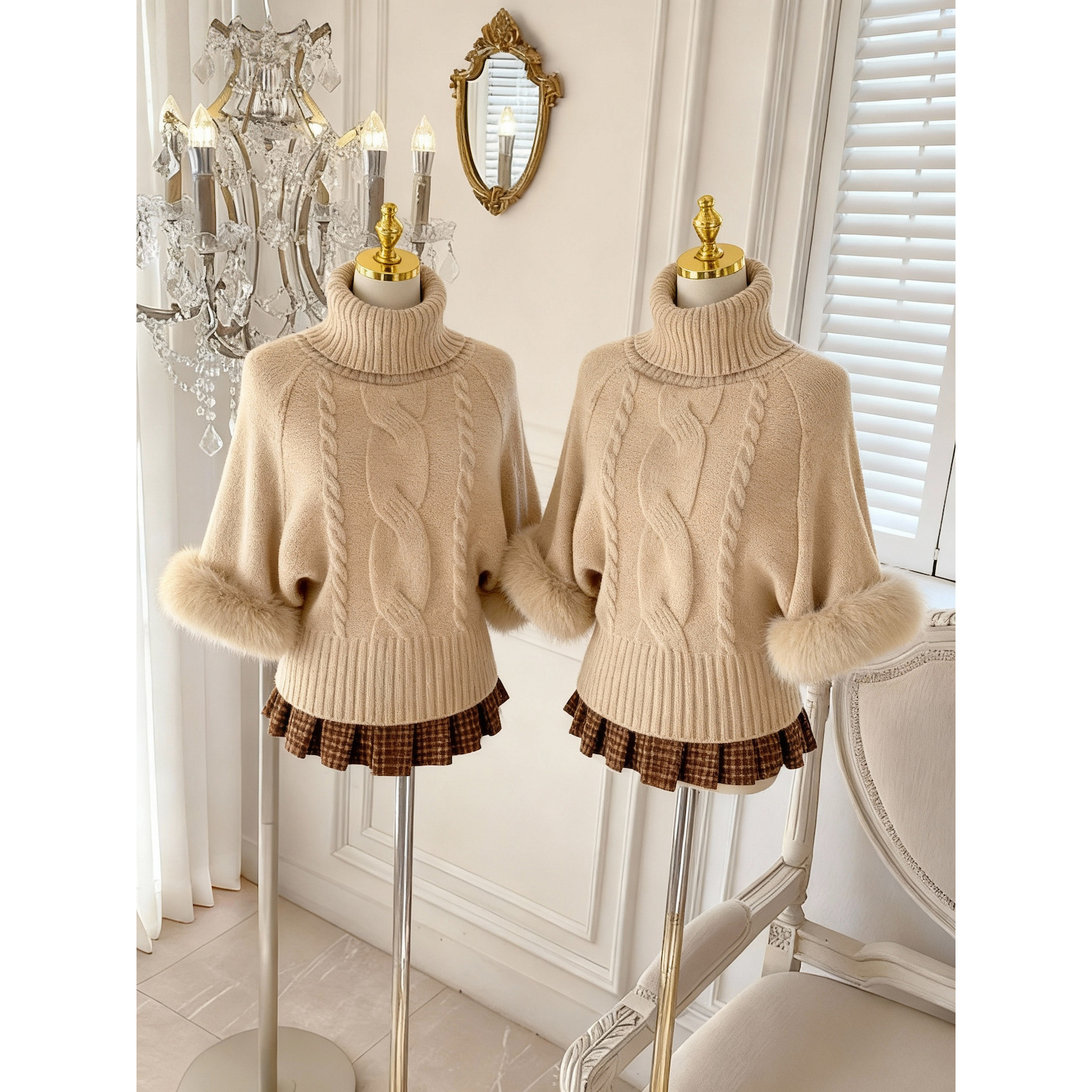Women's Off-Shoulder Turtleneck Cable Knit Wool Sweater - Image 5