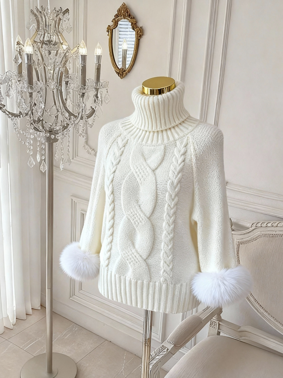 Women's Off-Shoulder Turtleneck Cable Knit Wool Sweater - Image 4
