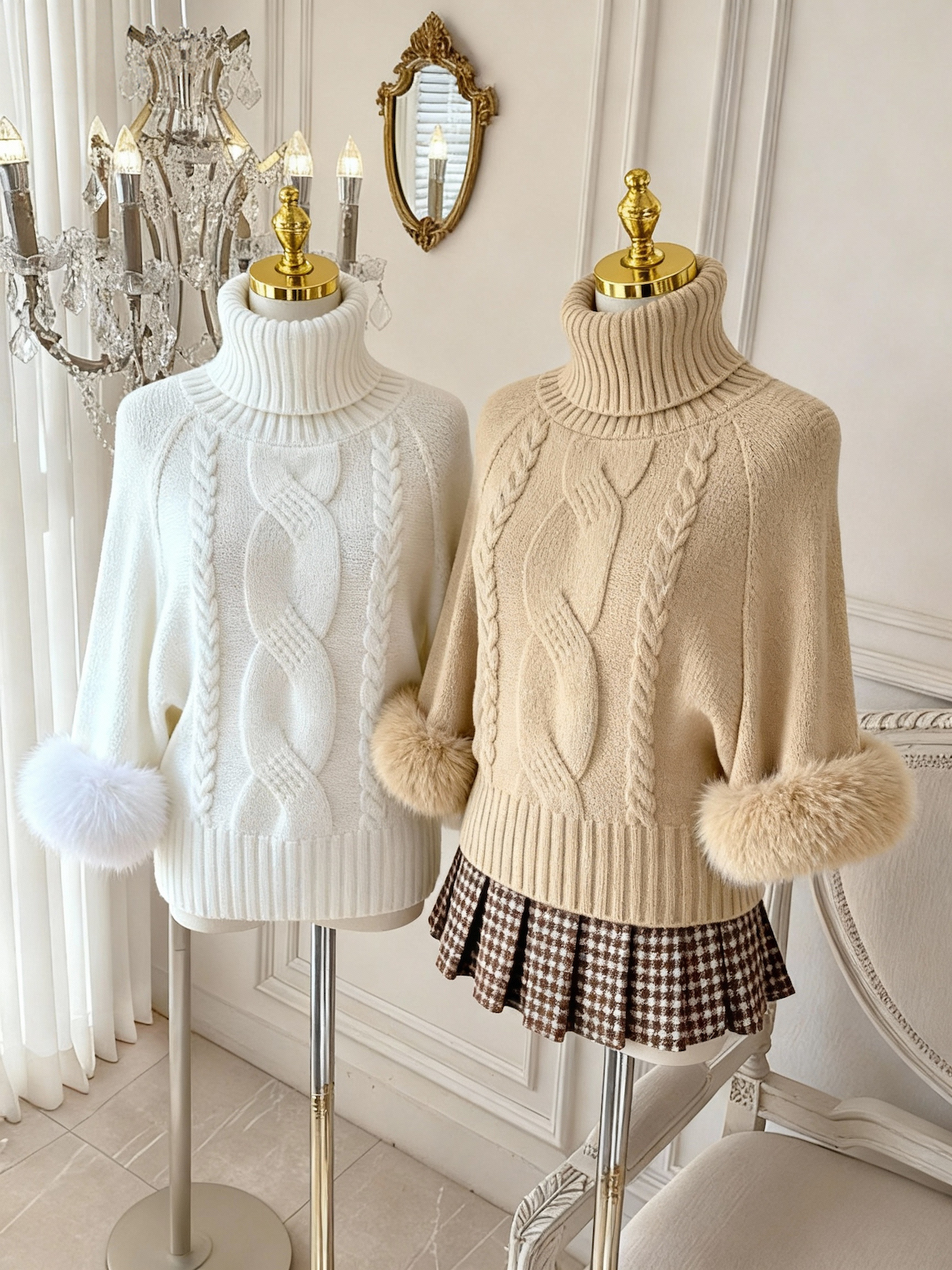 Women's Off-Shoulder Turtleneck Cable Knit Wool Sweater - Image 2