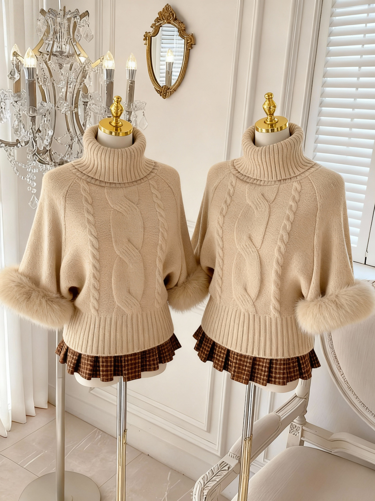 Women's Off-Shoulder Turtleneck Cable Knit Wool Sweater - Image 3