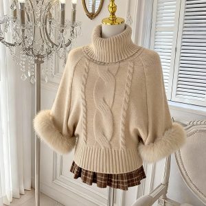 Women's Off-Shoulder Turtleneck Cable Knit Wool Sweater
