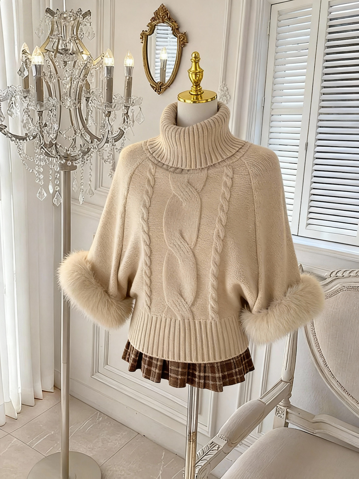 Women's Off-Shoulder Turtleneck Cable Knit Wool Sweater