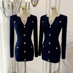 Women's Little Chanel Style Knit Dress with Waist-Cinching and Slimming Hip-Hugging Short Skirt