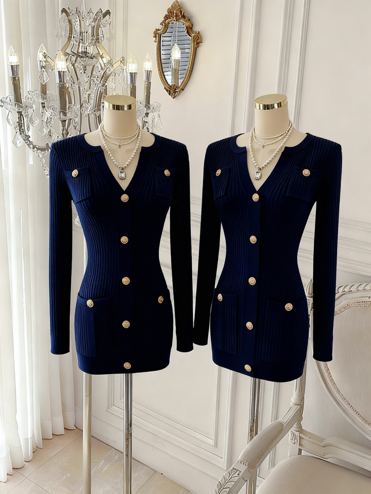 Women's Little Chanel Style Knit Dress with Waist-Cinching and Slimming Hip-Hugging Short Skirt
