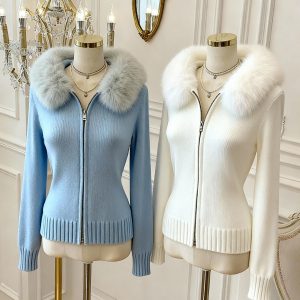 Women's Hooded Cardigan Sweater with Faux Fur Collar - 100% Wool Knit