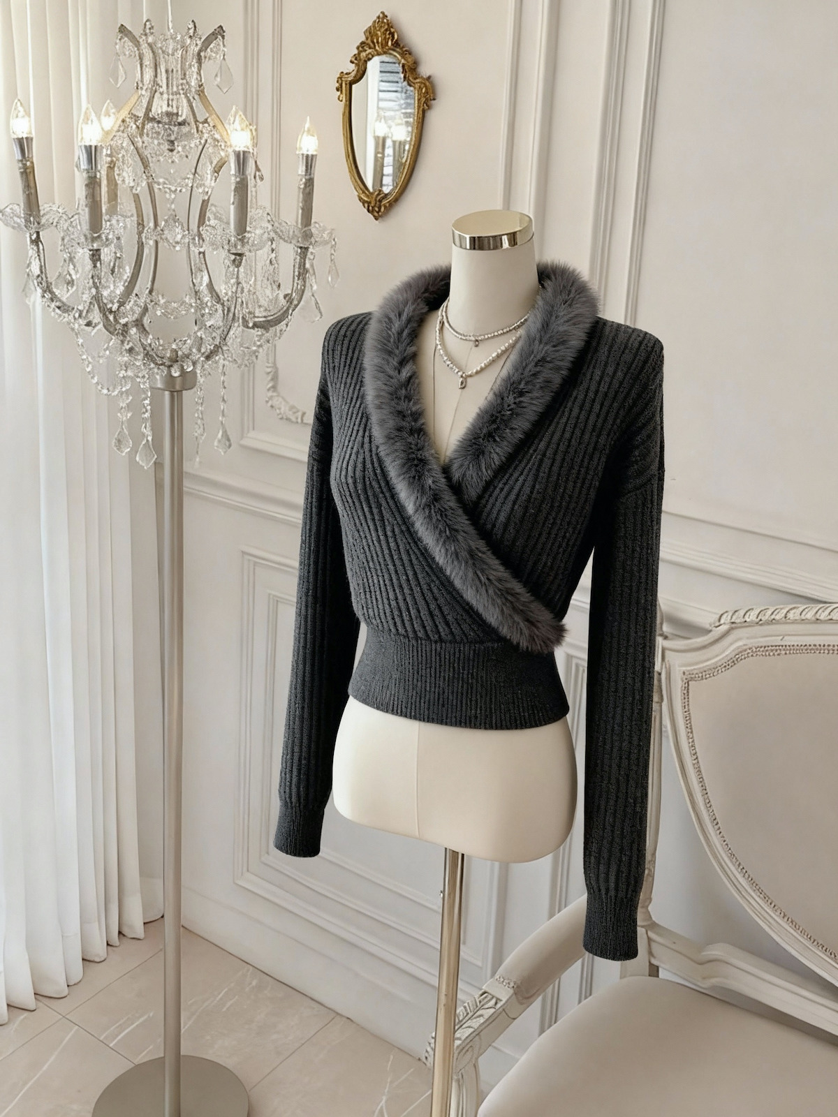 Korean V-Neck Wool Sweater with Fur Collar for Women Winter 2026 - Style 4429b9 - Image 3