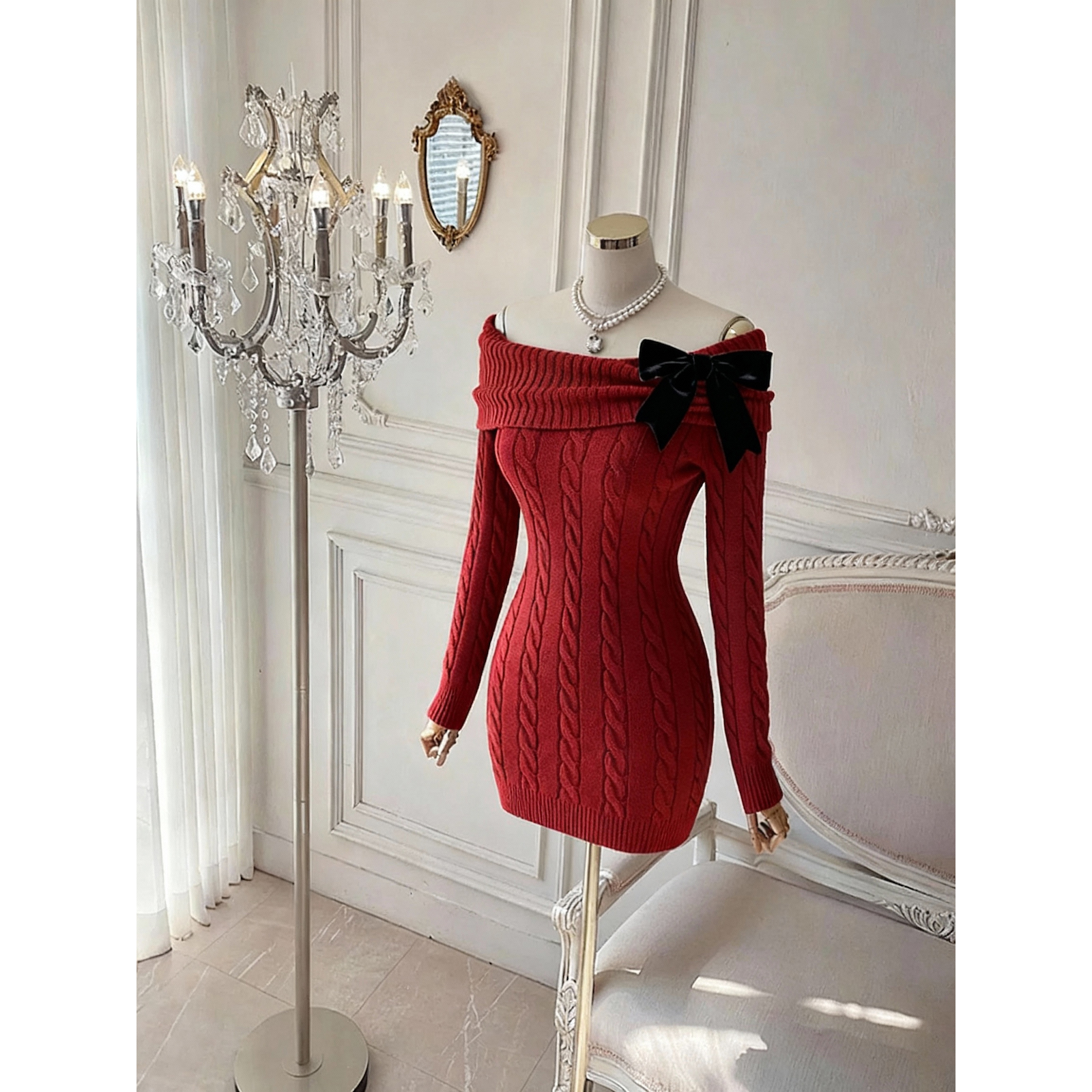 Little Chanel Style Bow Knit Dress Women Off Shoulder Bodycon Sweater Dress - Image 5