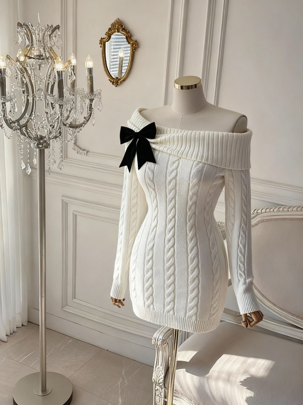 Little Chanel Style Bow Knit Dress Women Off Shoulder Bodycon Sweater Dress - Image 2