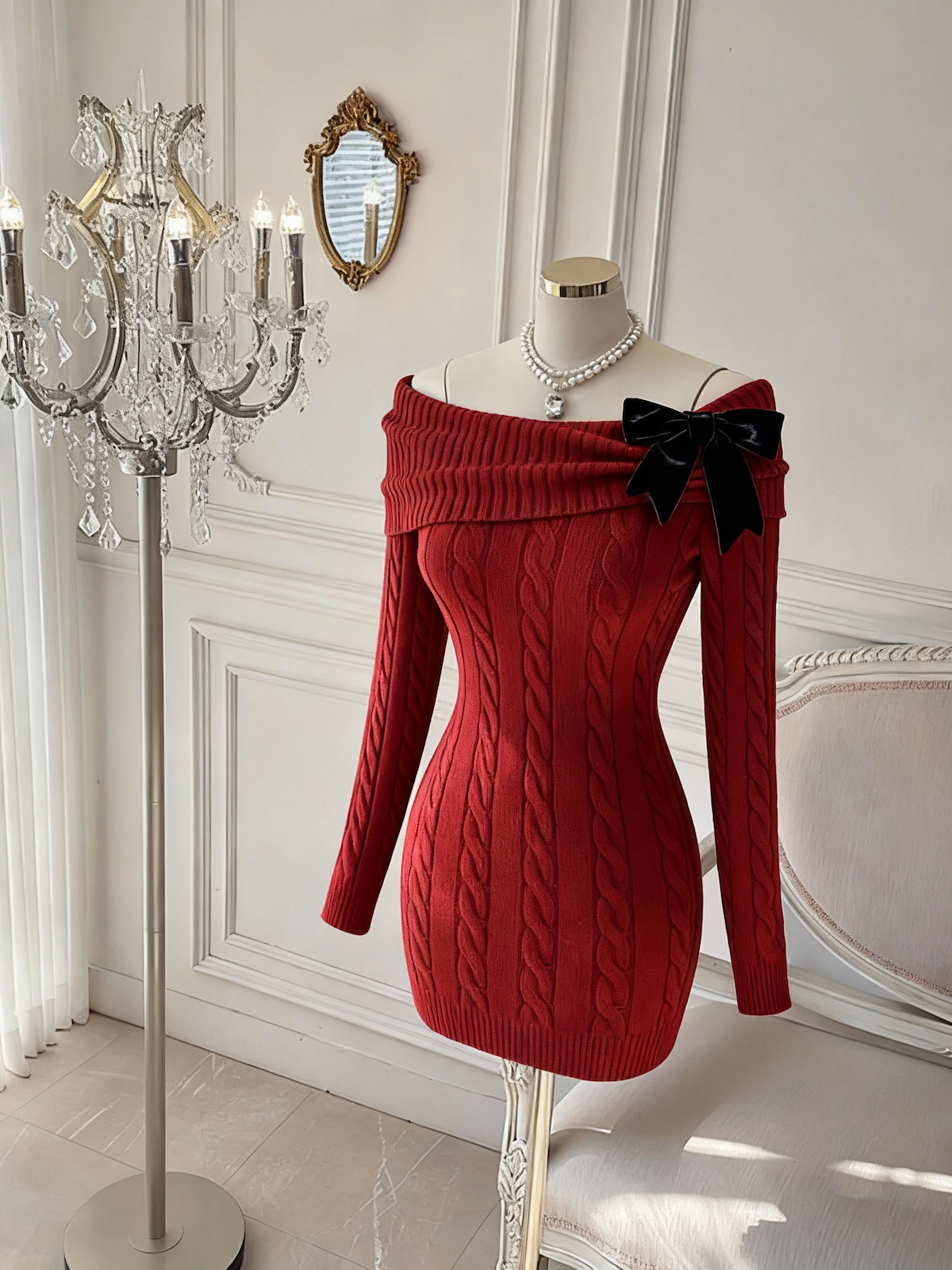Little Chanel Style Bow Knit Dress Women Off Shoulder Bodycon Sweater Dress - Image 4