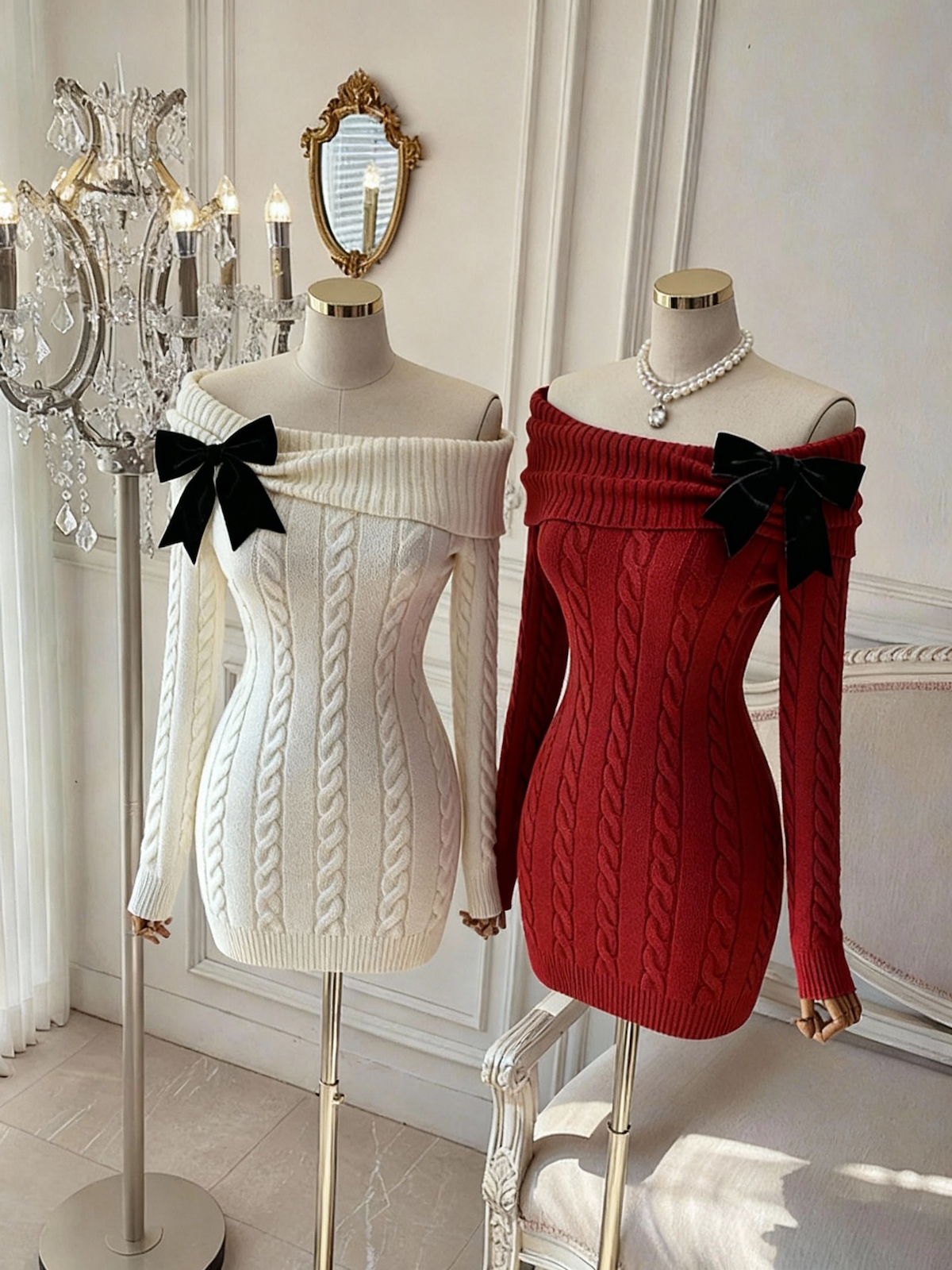 Little Chanel Style Bow Knit Dress Women Off Shoulder Bodycon Sweater Dress - Image 3