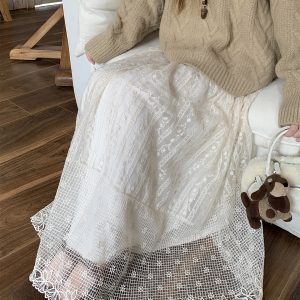 Women's A-Line Lace Jacquard Embroidered Long Skirt with High Waist